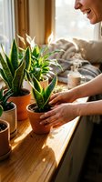 Happy woman caring for snake plants in terracotta pots by sunny window, indoor gardening hobby at home with natural light and cozy living room atmosphere.