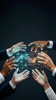 Business hands reaching toward glowing digital brain with circuit patterns representing artificial intelligence collaboration and teamwork.
