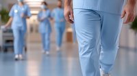 Medical staff in light blue scrubs walking through hospital corridor, focus on lower body with blurred colleagues in background. For healthcare and medical concepts.
