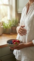 Pregnant Caucasian woman holding a bowl of fresh berries in a sunlit kitchen, embracing healthy nutrition during pregnancy.