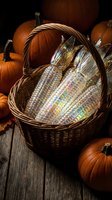 Autumn harvest display with glass corn ears in wicker basket surrounded by orange pumpkins on rustic wooden surface for seasonal decoration.