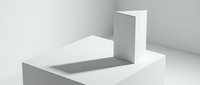 Minimalist white geometric podium with open box on pedestal, casting soft shadows in a clean studio setting for product display.