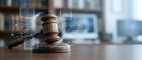 Wooden judge gavel with digital technology icons and data visualization overlays on desk in modern law office for legal tech and digital justice concepts.