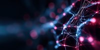 Abstract digital network visualization with glowing red and blue nodes connected by light threads against dark background, representing technology and connectivity.