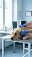 Veterinarian wearing blue gloves examining golden retriever on examination table in modern clinic with bright windows and medical equipment visible in background.