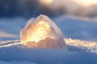 Glowing ice crystal formation in snow illuminated by warm sunset light creating magical winter atmosphere with natural bokeh background.