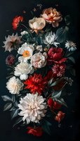 Dramatic floral arrangement featuring white and red dahlias, peonies, and roses against dark background, with delicate butterflies and moody lighting for fine art style.