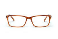 Modern rectangular brown eyeglasses frames with clear lenses isolated on white background, front view. Ready for optical and fashion design projects.