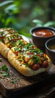 Gourmet hot dog with herbs and sauces on wooden board, restaurant-style presentation for food photography and culinary marketing materials.