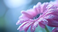 Pink gerbera daisy petals covered in morning dew drops against soft blue bokeh background, macro photography showing delicate water droplets on flower.