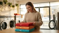 Young woman folding colorful towels in modern laundromat with washing machines. Domestic chores, laundry service, household tasks concept.