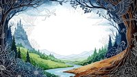 Fantasy landscape frame with ornate tree branches, rolling hills, river and castle silhouette. Decorative border design for storytelling and fairy tale themes.
