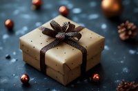 Elegant kraft paper gift box with sparkly black ribbon bow on dark background with copper ornaments and pine cones, festive holiday composition.