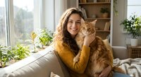 Young woman with curly brown hair in yellow sweater cuddling orange tabby cat on cozy sofa by window with houseplants in bright living room interior.