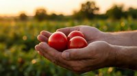 Fresh ripe red tomatoes in farmer hands at sunset in agricultural field. Organic vegetable harvest concept for healthy eating and sustainable farming.