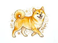 Shiba Inu dog with curled tail, smiling expression, surrounded by decorative floral elements and swirls, isolated on white background, suitable for t-shirt design and clipart use.