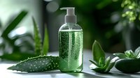 Clear bottle with green aloe vera gel on natural background with fresh succulent leaves, organic skincare concept for cosmetic and beauty product packaging.