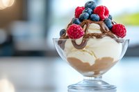 Vanilla ice cream sundae topped with fresh raspberries and blueberries, drizzled with chocolate sauce in elegant glass bowl, selective focus on berries.