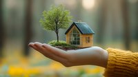 Miniature eco-friendly house with green tree on palm wearing yellow sweater sleeve, sustainable living concept in dreamy forest background with bokeh effect.
