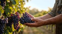 Farmer hands holding fresh ripe grapes in vineyard during golden hour harvest season. Agricultural worker gathering purple grape clusters for winemaking production.