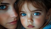 Close up portrait showing bright blue eyes of young girl and woman with matching features, natural makeup and soft lighting creating intimate family moment.