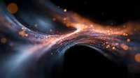 Glowing orange particles and light trails flow through dark space creating dynamic wave pattern with bokeh effect and shimmering sparkles. Abstract background.