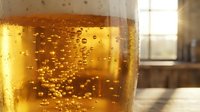 Golden beer with condensation droplets in a glass, showcasing carbonation bubbles and refreshing beverage appeal for beverage advertising and hospitality design.