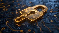Glowing golden padlock icon on circuit board background illustrates cybersecurity and digital data protection concepts for business technology presentations and security solutions.