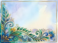 Ornamental floral border with swirling leaves and blooms in teal, gold, and blue tones on soft watercolor background. Isolated design element suitable for invitations, cards, and decorative projects.