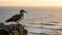 Young seagull perched on rocky coastline during golden hour sunset with ocean waves in background for nature and wildlife photography projects.