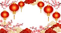 Red lanterns and cherry blossoms frame with golden clouds for Chinese New Year celebration, festival decoration, greeting cards, and cultural events.
