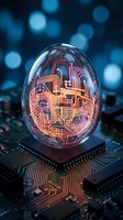 Glowing neon circuit board pattern inside transparent egg-shaped glass dome on computer chip, symbolizing artificial intelligence, innovation, and technology development for digital concepts.