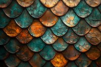 Weathered copper and turquoise fish scale pattern with rustic texture and cracked patina creates abstract architectural surface in orange and teal colors.