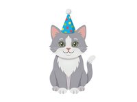Cute gray and white cat wearing blue party hat with stars, isolated on white background for greeting cards, invitations, children's designs, and festive celebrations.