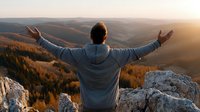 Young man in hoodie celebrating freedom on mountain peak with arms outstretched at golden sunset over autumn forest valley landscape.