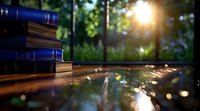 Stack of blue hardcover books on wooden table near window with sunlight streaming through, creating magical lens flare and bokeh effects in cozy reading atmosphere.