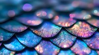 Iridescent mermaid scales macro photography with vibrant blue, pink and purple colors showing glitter texture and bokeh light effect pattern.