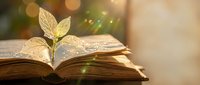 Open book with golden plant sprouting from pages symbolizing growth, knowledge, education, learning, wisdom, and new beginnings with magical bokeh lights.
