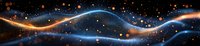 Glowing blue and orange light waves with sparkles and particles flowing on black background, abstract panoramic energy design.