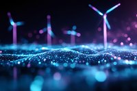 Wind turbines silhouettes against night sky with glowing blue particles wave, bokeh lights effect creating futuristic renewable energy concept.