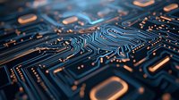Macro view of electronic circuit board with copper traces and pathways illuminated in blue light, showing intricate technology patterns and semiconductor design.