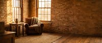 Cozy vintage leather armchair in warm sunlit brick loft interior with wooden floors and large windows creating peaceful reading corner atmosphere.