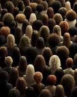 Diverse crowd of people seen from behind showcasing various hair textures, colors and styles from curly to straight, blonde to brunette.