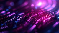Digital binary code glowing in purple and blue neon colors on dark background, abstract technology pattern with bokeh light effects and data streams.