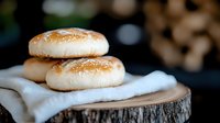 Fresh homemade buns with golden crust stacked on rustic wooden slice with white linen napkin against dark background, selective focus on bread texture.
