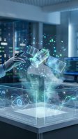 Engineer hand holding holographic satellite with glowing data visualization and digital interface in modern tech laboratory environment for telecommunications and space technology concepts.