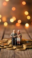 Miniature elderly couple sitting on golden coins with warm bokeh lights background representing retirement savings and financial security planning.