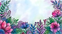 Watercolor floral border with pink, purple, and teal flowers and leaves on a soft pastel background, perfect for greeting cards and invitations.