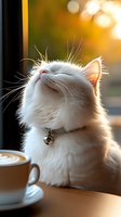 White fluffy cat with collar sitting near coffee cup with latte art at sunset, warm golden light through window creates cozy atmosphere in cafe setting.