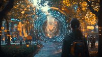 Futuristic holographic interface glowing in autumn park with digital circles and data visualization elements creating cyberpunk atmosphere at dusk.